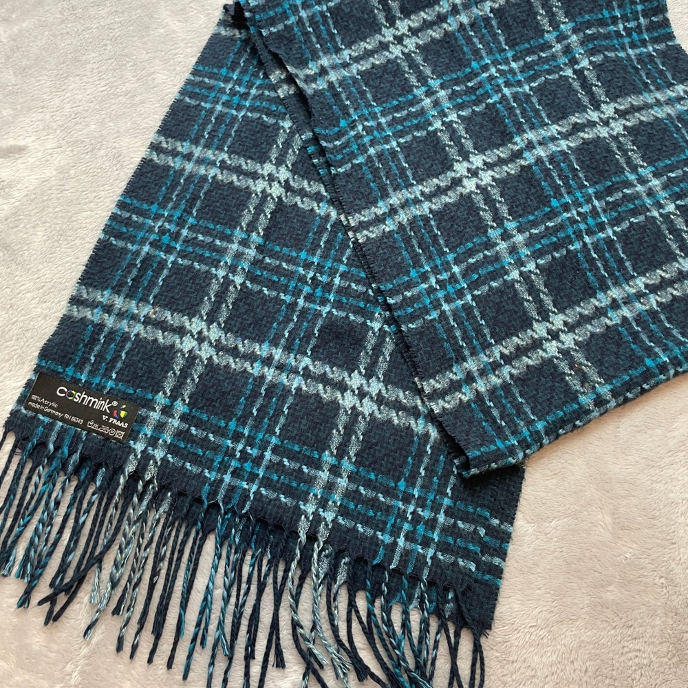 V Fraas Cashmink Plaid Scarf Unisex 12x63 Blue Tartan Fringed Made in Germany